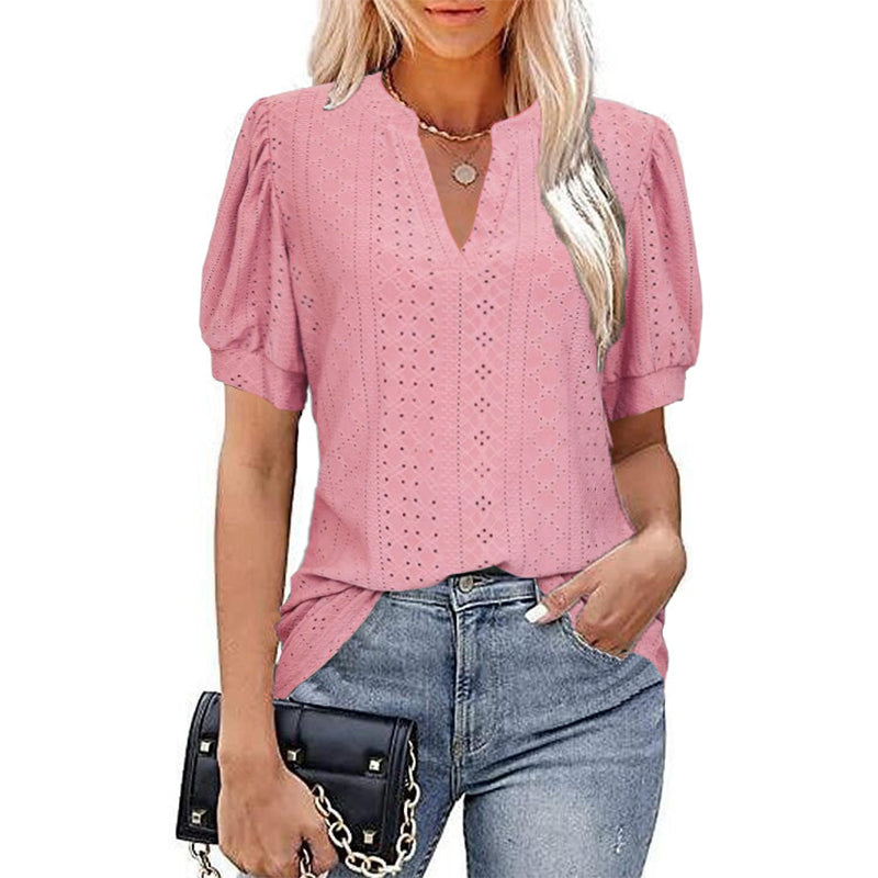 Women V-neck Hollow Out Solid Casual Short Sleeve T-shirt