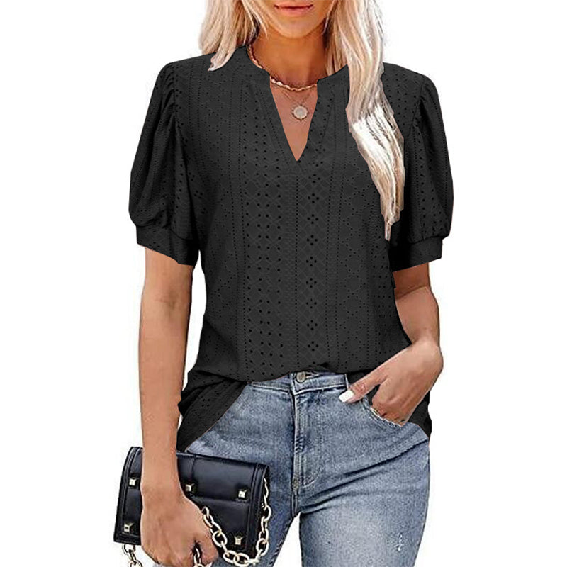 Women V-neck Hollow Out Solid Casual Short Sleeve T-shirt