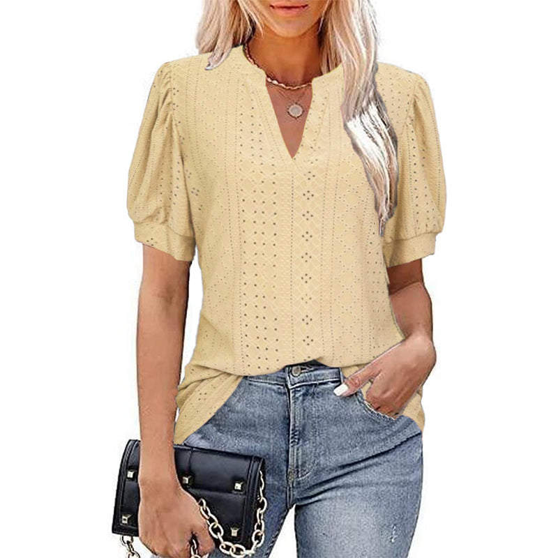 Women V-neck Hollow Out Solid Casual Short Sleeve T-shirt