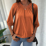 Solid Color 3/4 Puff Sleeve Elastic Crew Neck Shirt