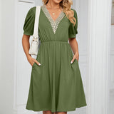 Women Boho V Neck Solid High Waist Tunic Dress