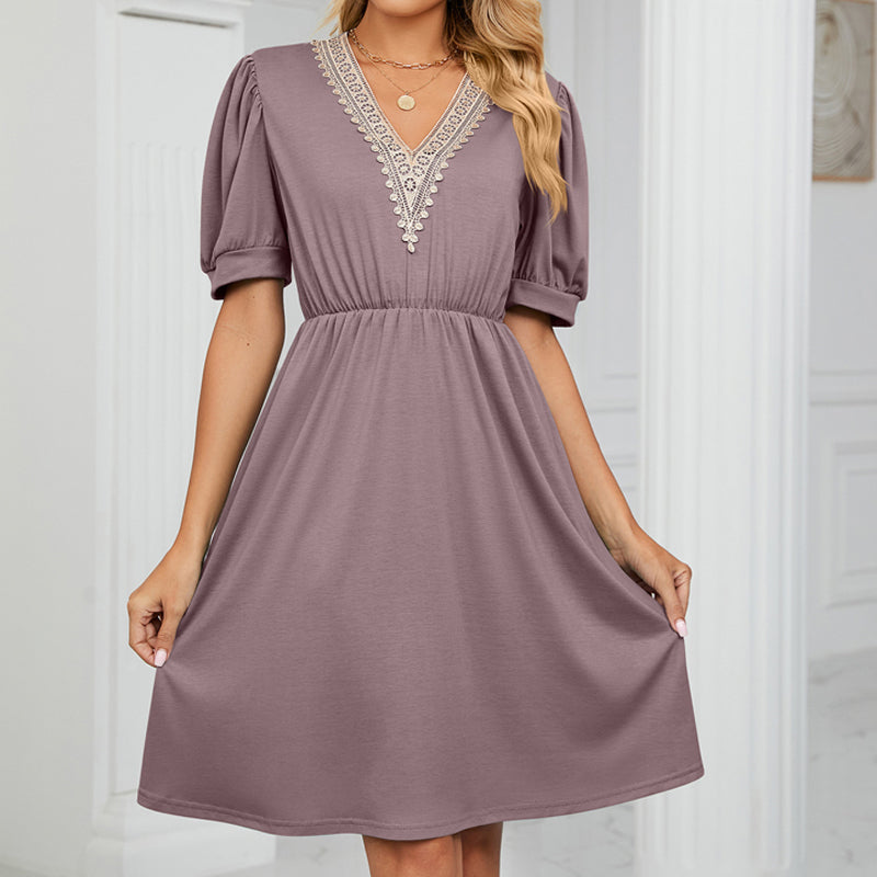 Women Boho V Neck Solid High Waist Tunic Dress