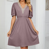 Women Boho V Neck Solid High Waist Tunic Dress