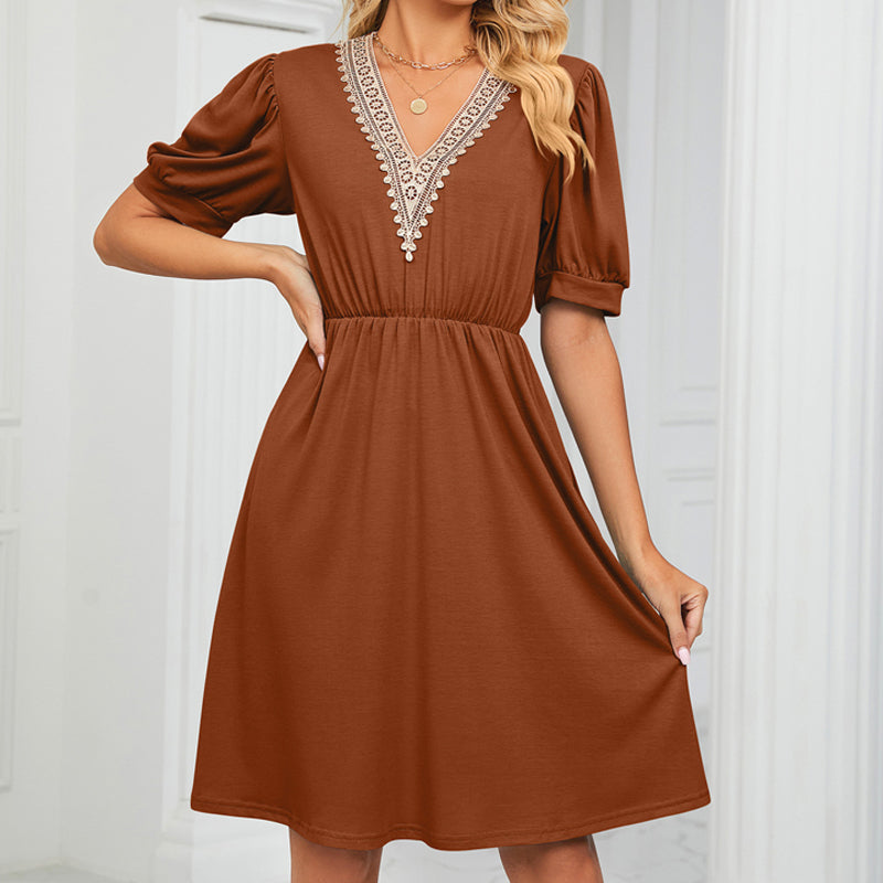 Women Boho V Neck Solid High Waist Tunic Dress