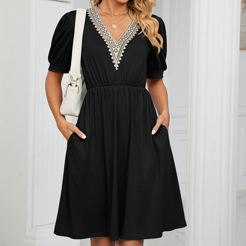 Women Boho V Neck Solid High Waist Tunic Dress