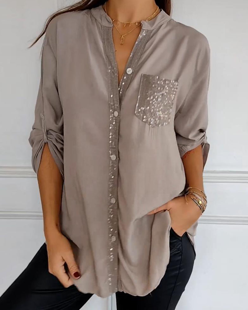 Paneled sequin button casual top Shelia