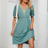 Women Boho V Neck Solid High Waist Tunic Dress