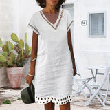 Women Solid Cotton Linen V Neck Hollow Out Short Sleeve Casual Shift Dress