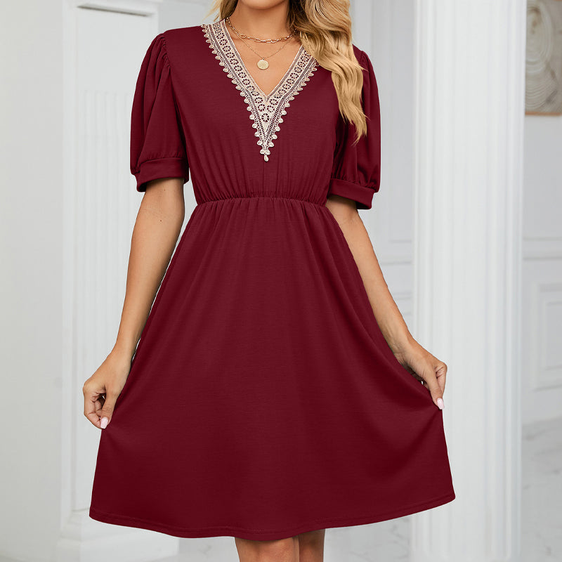 Women Boho V Neck Solid High Waist Tunic Dress