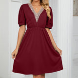 Women Boho V Neck Solid High Waist Tunic Dress