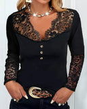 Contrast Lace V Neck Button Ruched Front  Long Sleeve Slim Top