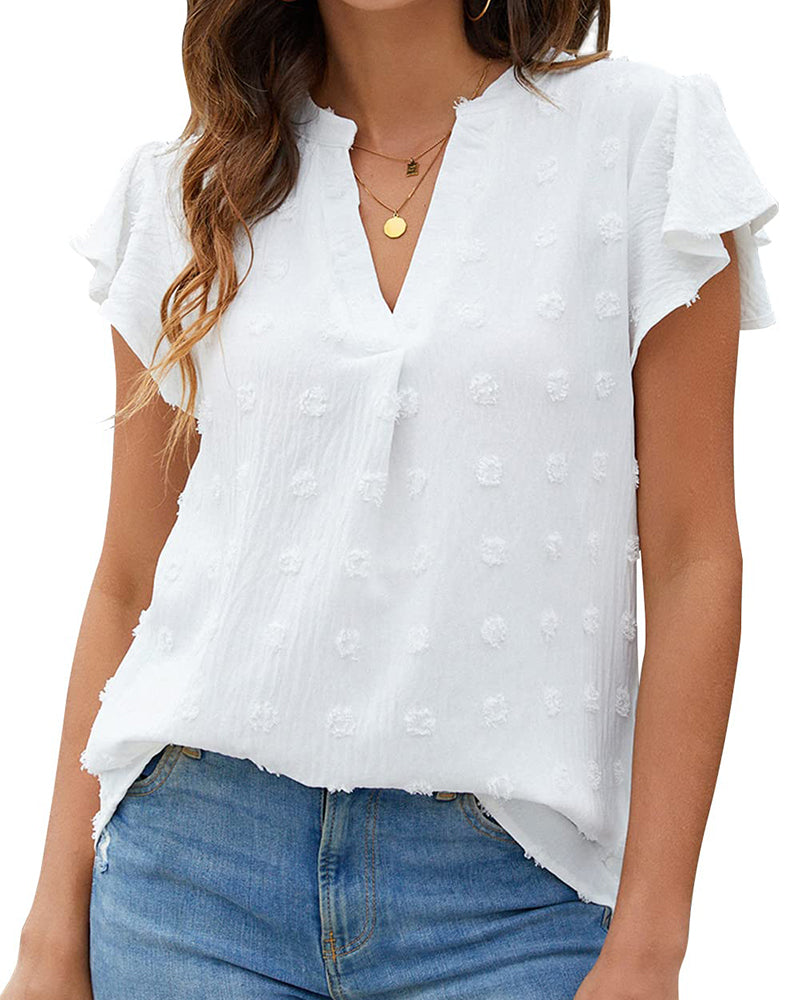 V-neck pleated ruffle short-sleeved top
