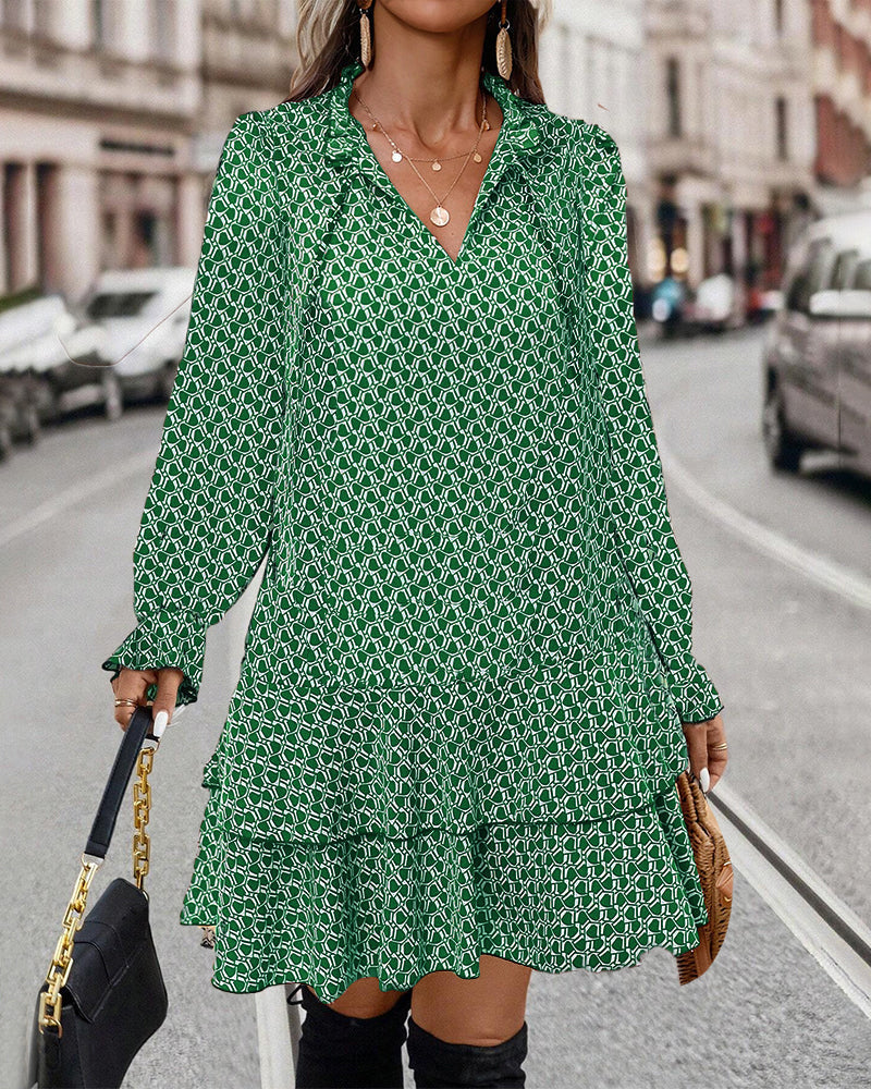 Amoretu Women's Casual V-Neck Tunic Dress - Long Sleeve, Ruffle Hem, Loose Swing Fit, Green Polka Dot, Size XXL
