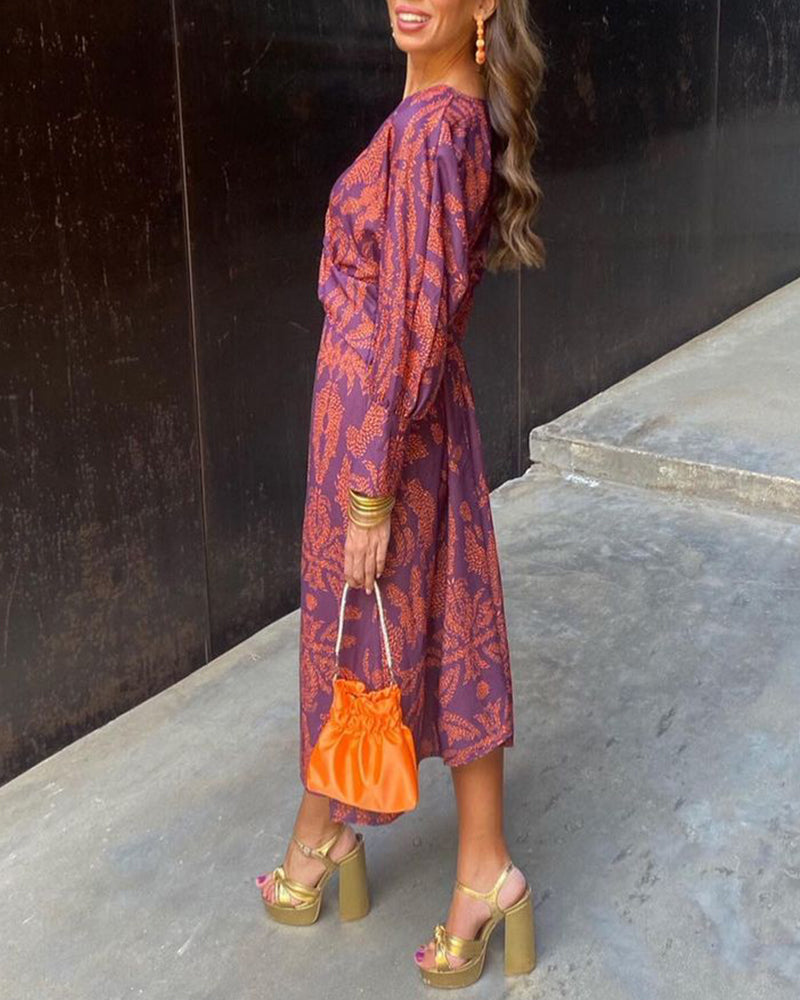 Vintage printed V-neck long-sleeve elegant dress Shelia Vintage printed V-neck long-sleeve elegant dress Shelia