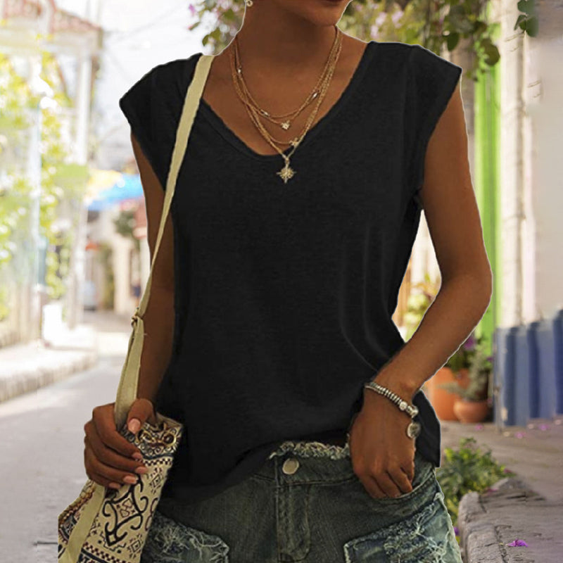 Women Solid V Neck Tank Top Loose Sleeveless Vest Tee Plus Size