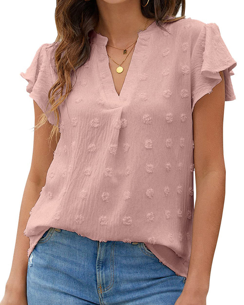 V-neck pleated ruffle short-sleeved top