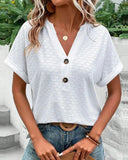 Notched Neck Eyelet Short Sleeve Plain Shirt