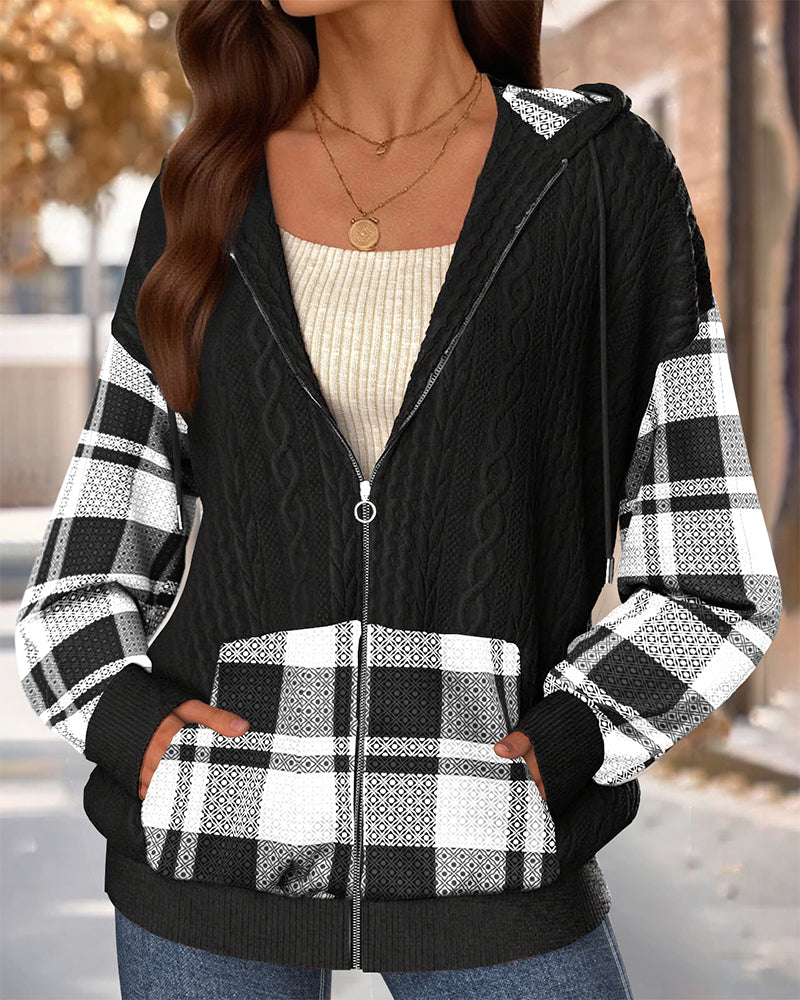 Zippered Hooded Plaid Sweatshirt