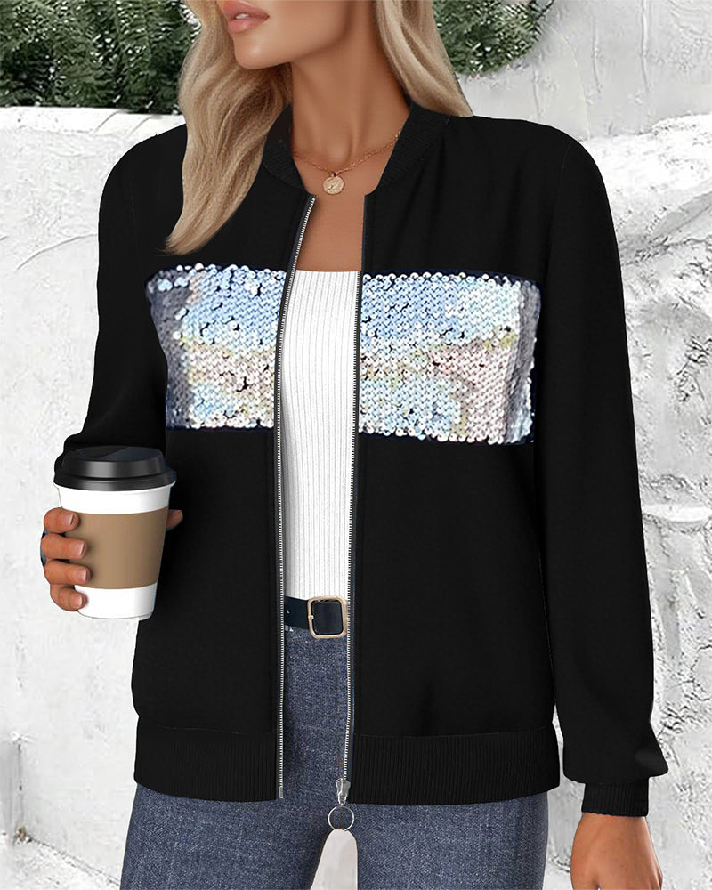Zippered Sequined Long-Sleeved Coat