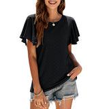 Women's Round Neck Flutter Ruffle Hollow Out Solid Short Sleeve T-Shirt