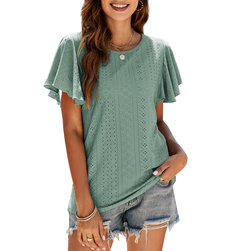 Women's Round Neck Flutter Ruffle Hollow Out Solid Short Sleeve T-Shirt
