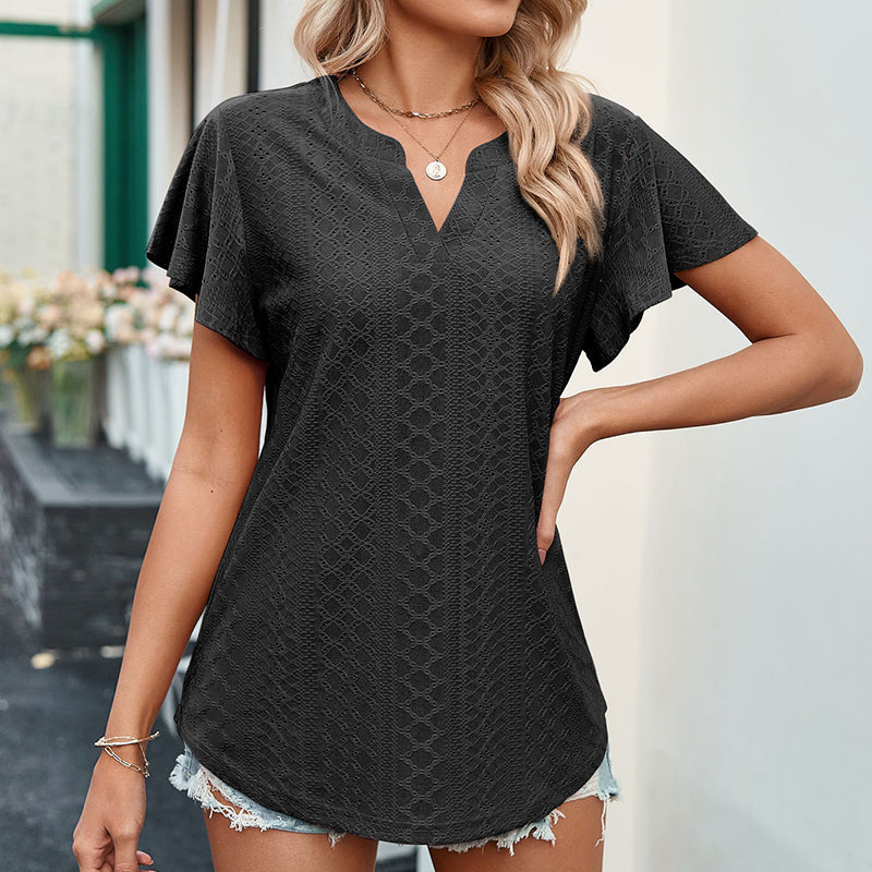 Women's V Neck Flutter Ruffle Hollow Out Solid Short Sleeve T-Shirt