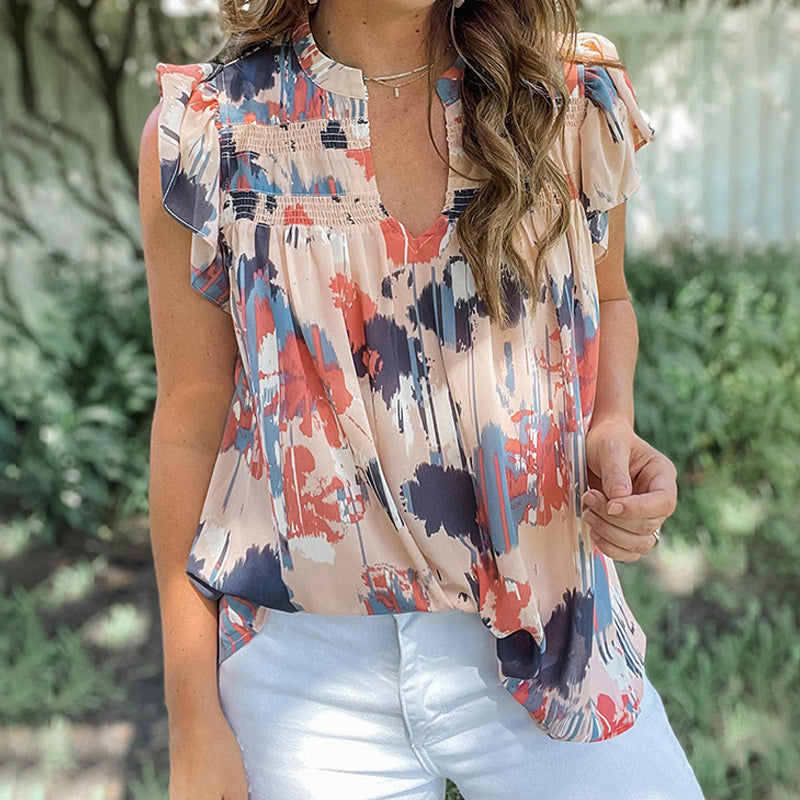 Abstract Print V Neck Shirred Ruffled Sleeveless Chiffon Top - Blue & Pink