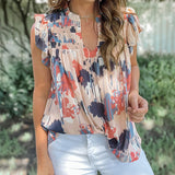 Abstract Print V Neck Shirred Ruffled Sleeveless Chiffon Top - Blue & Pink