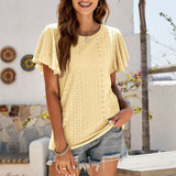 Women's Round Neck Flutter Ruffle Hollow Out Solid Short Sleeve T-Shirt