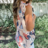 Abstract Print V Neck Shirred Ruffled Sleeveless Chiffon Top - Blue & Pink