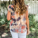 Abstract Print V Neck Shirred Ruffled Sleeveless Chiffon Top - Blue & Pink