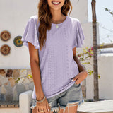 Women's Round Neck Flutter Ruffle Hollow Out Solid Short Sleeve T-Shirt