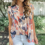 Abstract Print V Neck Shirred Ruffled Sleeveless Chiffon Top - Blue & Pink