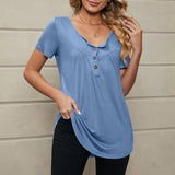 Women's Button Pleated Round Neck Short Sleeve Curved Hem Plain Henley Shirt Tunic Top