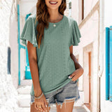 Women's Round Neck Flutter Ruffle Hollow Out Solid Short Sleeve T-Shirt