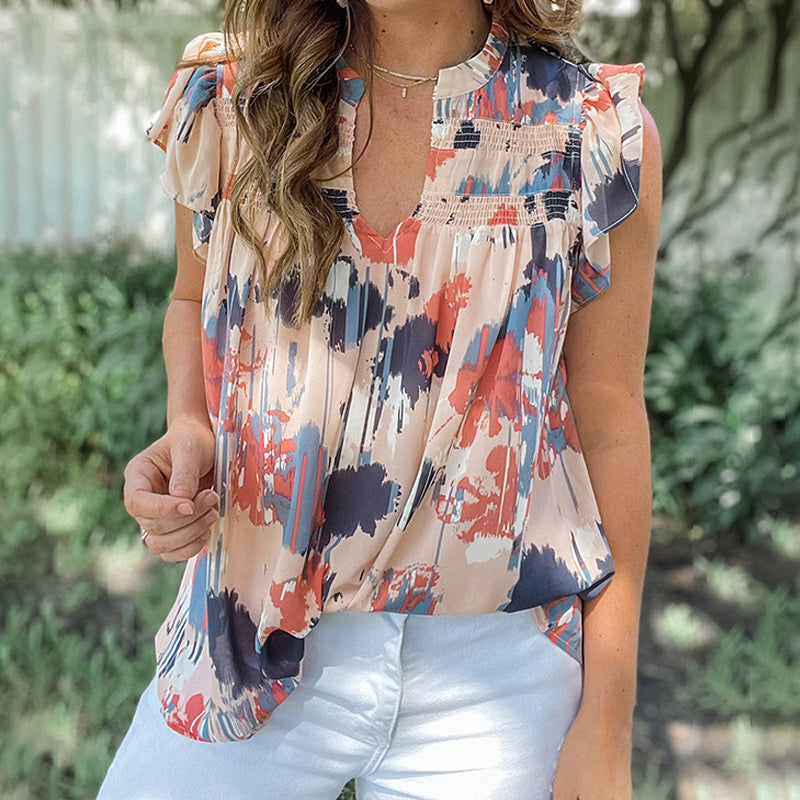 Abstract Print V Neck Shirred Ruffled Sleeveless Chiffon Top - Blue & Pink