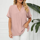 Women Loose Split V-Neck Flowy Plain Short Sleeve