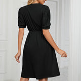 Women Boho V Neck Solid High Waist Tunic Dress