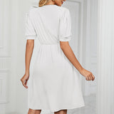 Women Boho V Neck Solid High Waist Tunic Dress