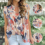 Abstract Print V Neck Shirred Ruffled Sleeveless Chiffon Top - Blue & Pink