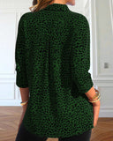 Leopard Print Button Roll Tab-Sleeve Shirt