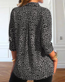 Leopard Print Button Roll Tab-Sleeve Shirt