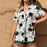 Womens Chiffon Floral Printed Notched Neck Cuffed Short Sleeve Blouse