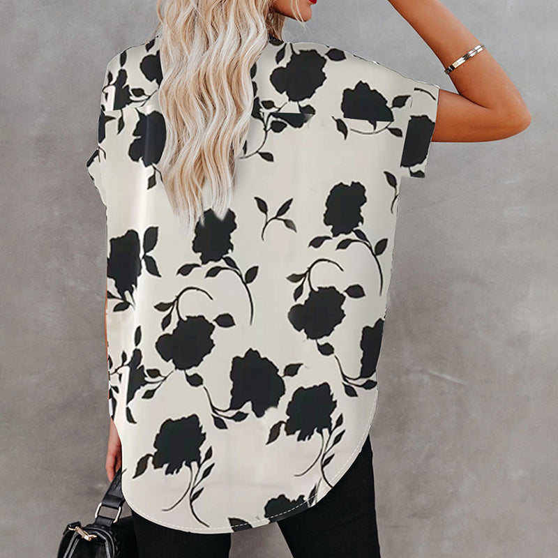 Womens Chiffon Floral Printed Notched Neck Cuffed Short Sleeve Blouse