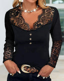 Contrast Lace V Neck Button Ruched Front  Long Sleeve Slim Top