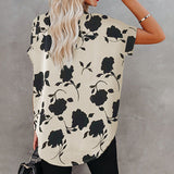 Womens Chiffon Floral Printed Notched Neck Cuffed Short Sleeve Blouse