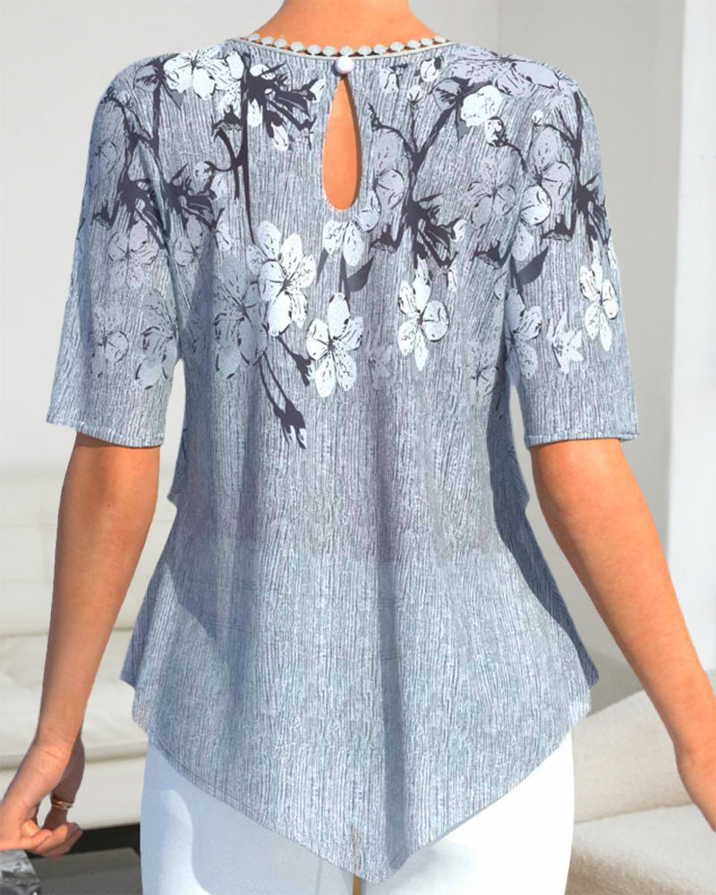 Floral Print Crew Neck Short Sleeve Ruffle Tunic Shirt