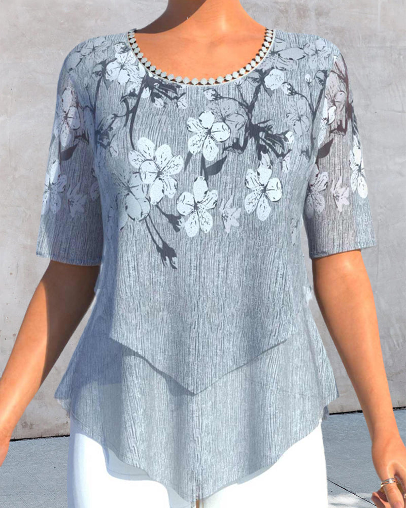 Floral Print Crew Neck Short Sleeve Ruffle Tunic Shirt
