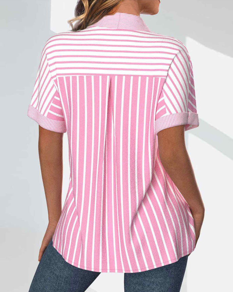 Striped Short Sleeve Button Lapel Shirt with Pocket
