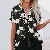 Womens Chiffon Floral Printed Notched Neck Cuffed Short Sleeve Blouse